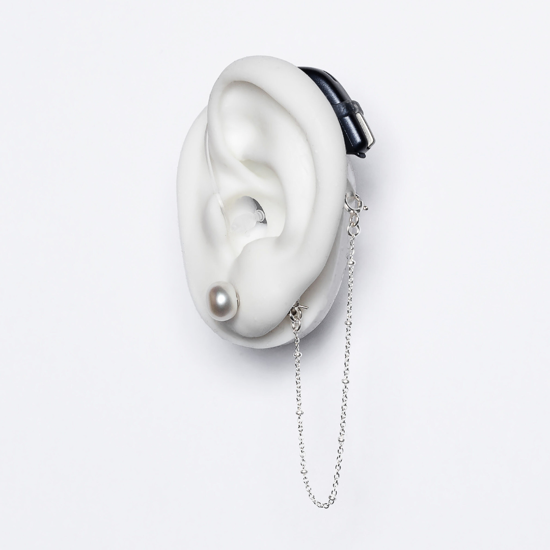 White Pearl Hearing Aid Jewelry DEAFMETAL® Hearing Jewelry